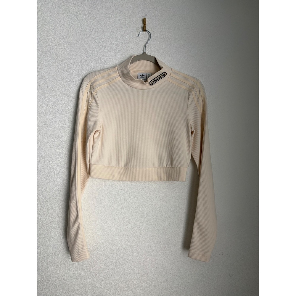 Adidas Originals Women Cream Ribbed Mock‎ Neck Long Sleeve Crop Top Small